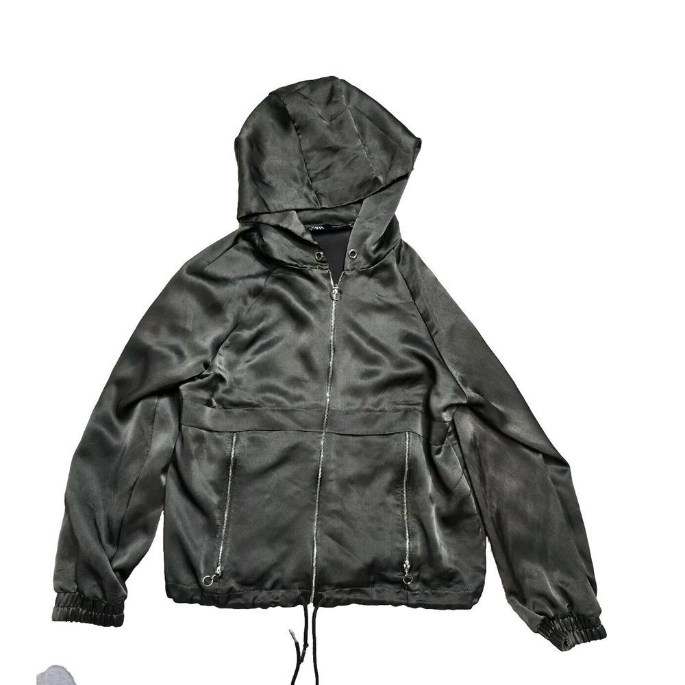 Zara Outerwear‎ Army Green Bomber Satin Jacket Coat SZ Small